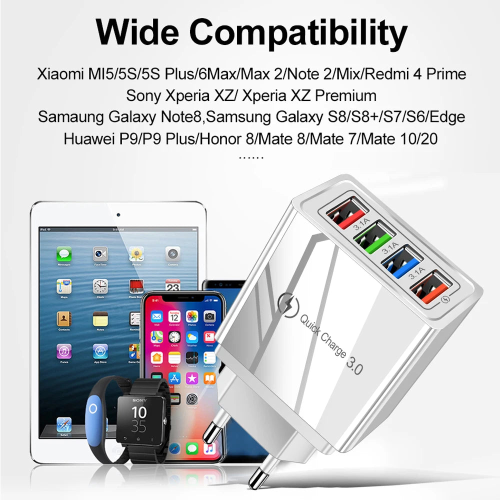 Carregador USB 20W com 4 Portas | Quick Charge 3.0 para iPhone e Android