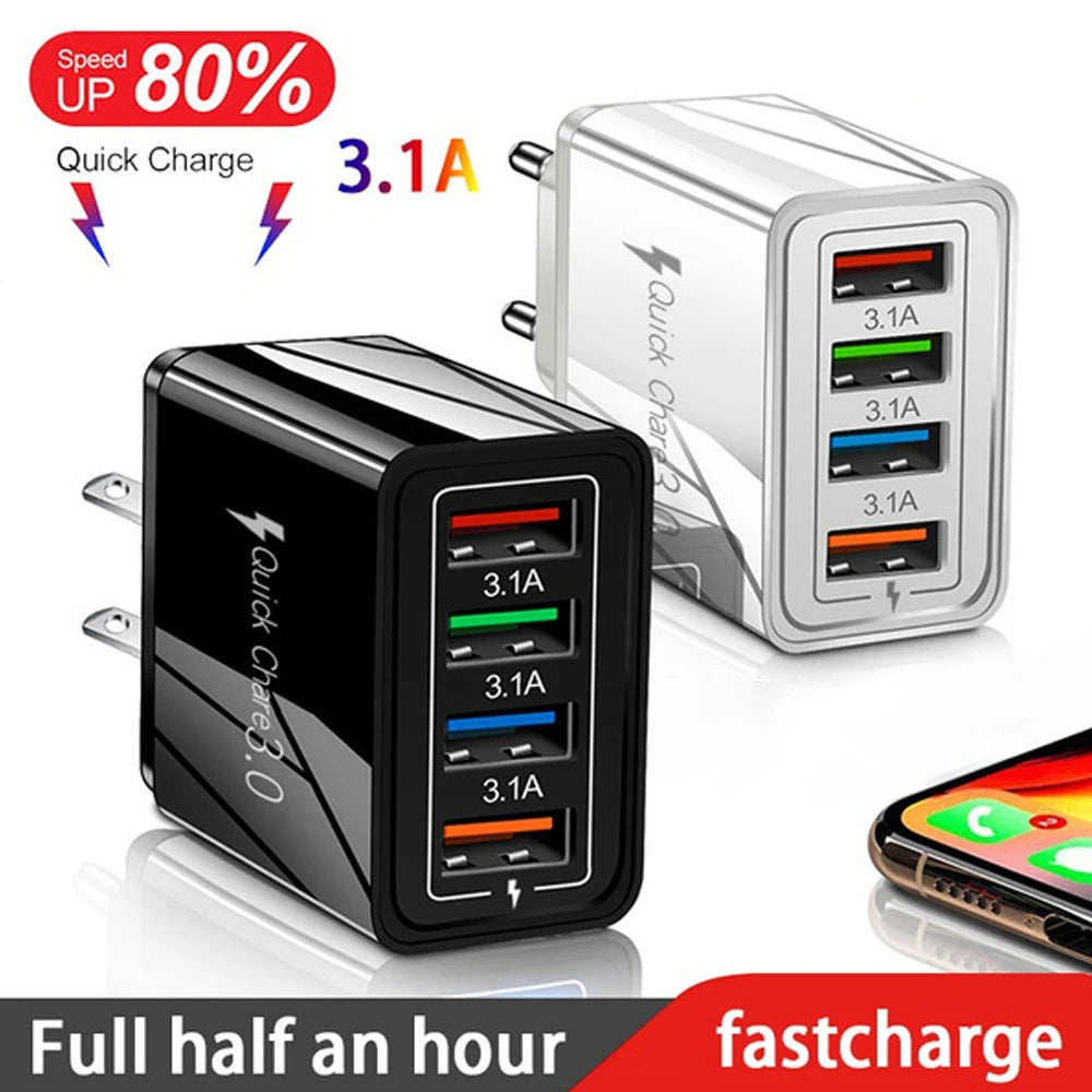 Carregador USB 20W com 4 Portas | Quick Charge 3.0 para iPhone e Android