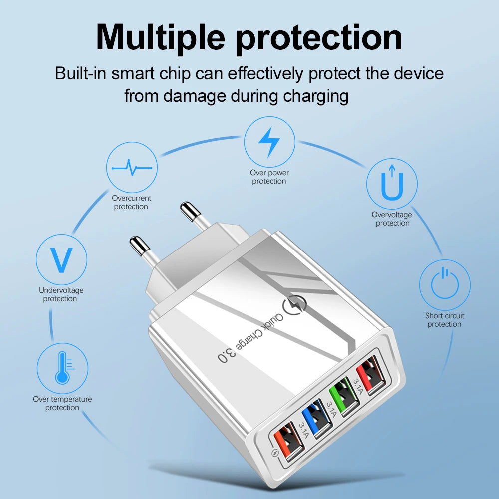 Carregador USB 20W com 4 Portas | Quick Charge 3.0 para iPhone e Android
