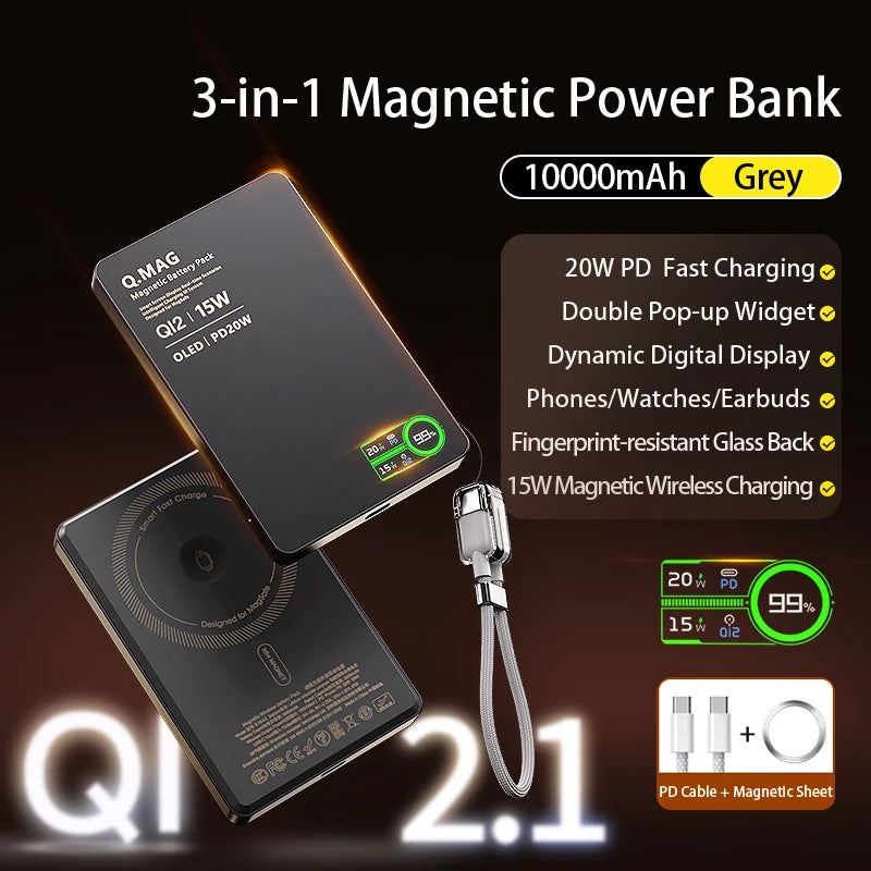 Power Bank Magnético Qi 2.1 5000/10000mAh | Compatível com MagSafe, Apple Watch e AirPods
