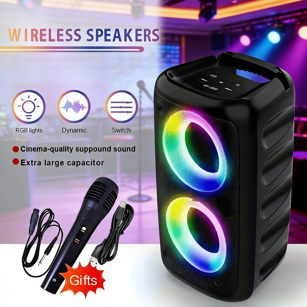 Coluna Bluetooth Karaokê com Microfone | Rádio FM, LED e Bateria Recarregável