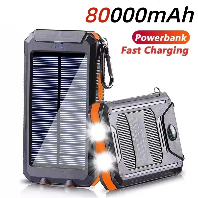 Power Bank Solar 80000mAh | Carregador Portátil com Lanterna LED e Carregamento Rápido