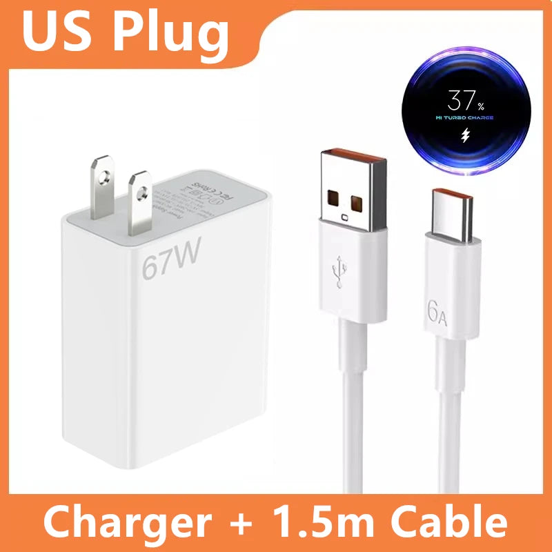Carregador USB 67W com Cabo USB-C | Compatível com Xiaomi, Redmi e POCO (Ficha US)