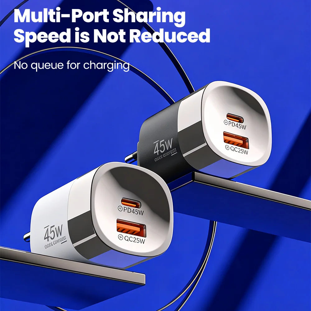 Carregador 45W USB-C e USB-A | Power Delivery PD e Quick Charge 3.0
