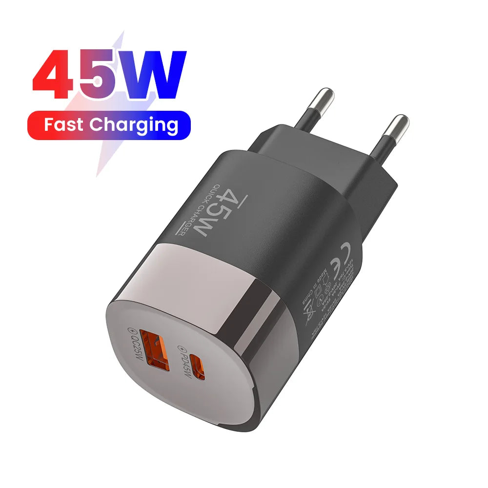 Carregador 45W USB-C e USB-A | Power Delivery PD e Quick Charge 3.0