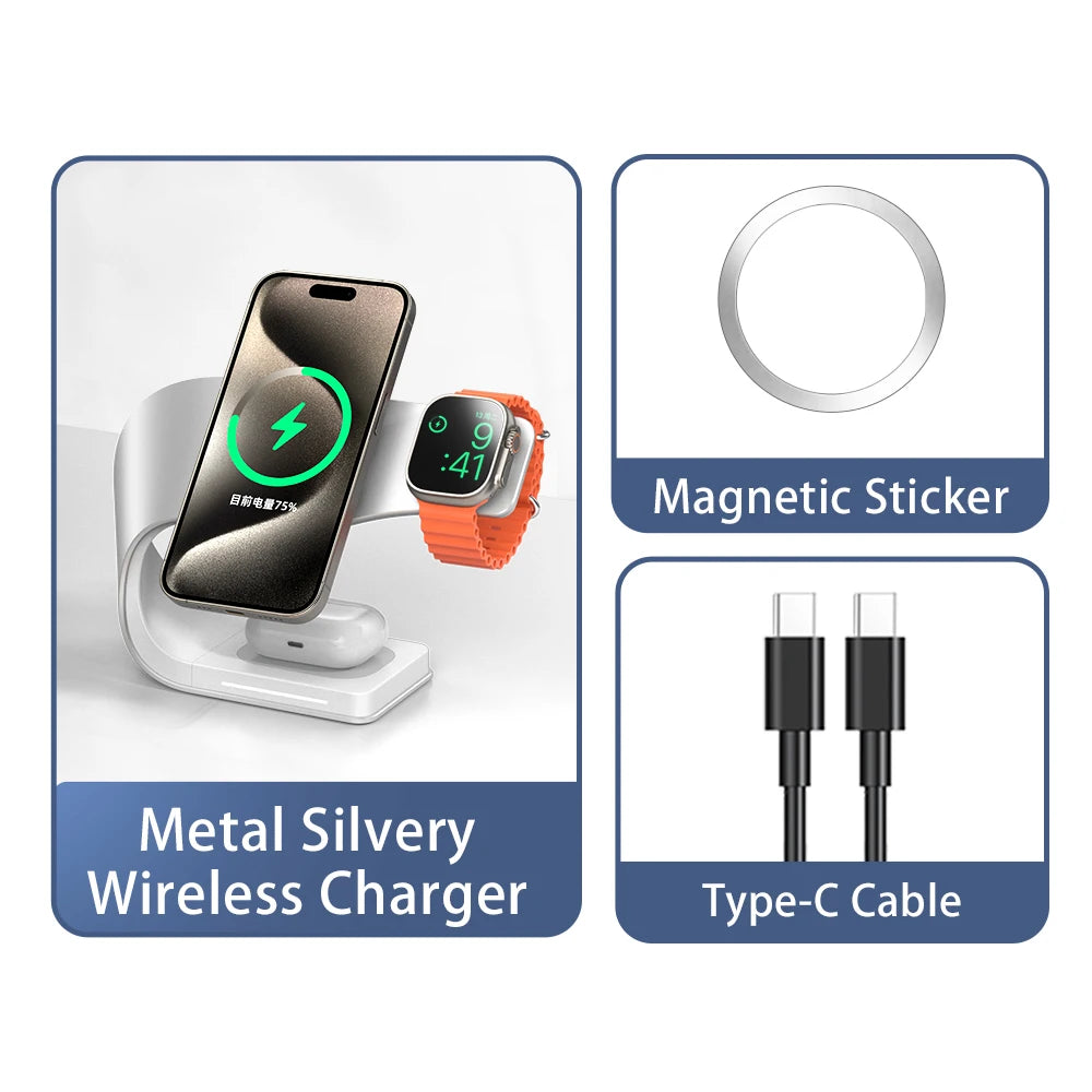 Estação de Carregamento Magnética 4 em 1 15W | Compatível com iPhone, Apple Watch e AirPods
