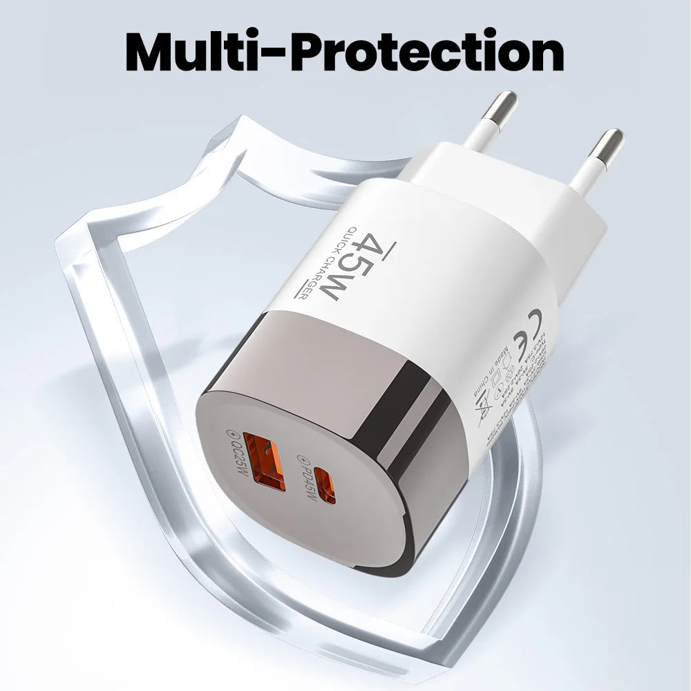 Carregador 45W USB-C e USB-A | Power Delivery PD e Quick Charge 3.0