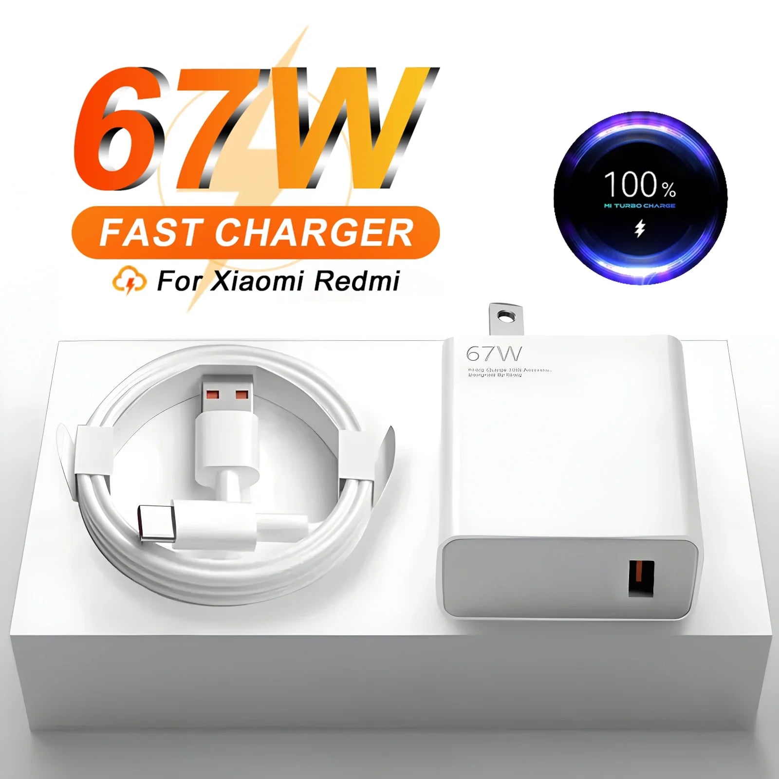 Carregador USB 67W com Cabo USB-C | Compatível com Xiaomi, Redmi e POCO (Ficha US)