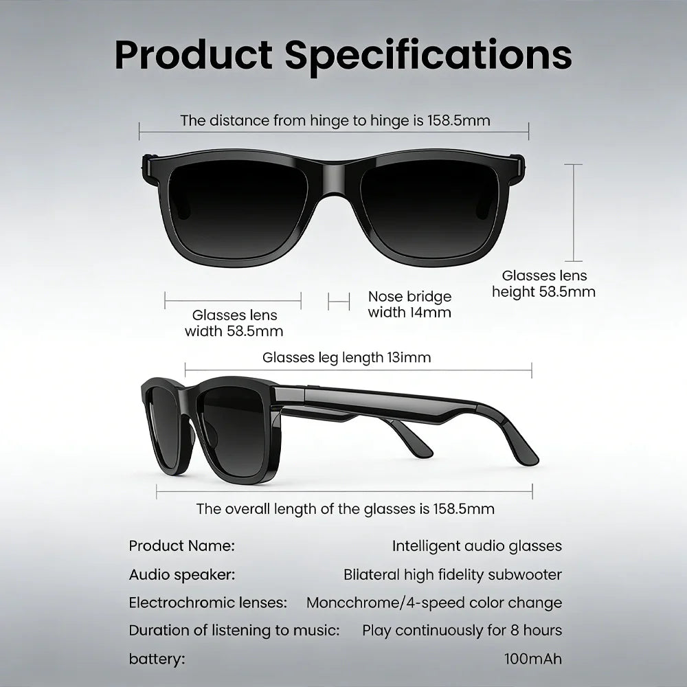 Óculos Inteligentes Bluetooth KaiAqua | Áudio HD, Chamadas e Lentes Fotocromáticas