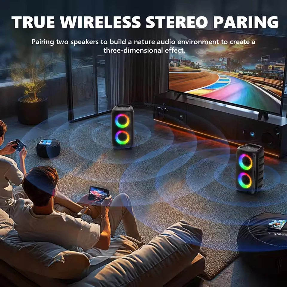 Coluna Bluetooth Karaokê com Microfone | Rádio FM, LED e Bateria Recarregável