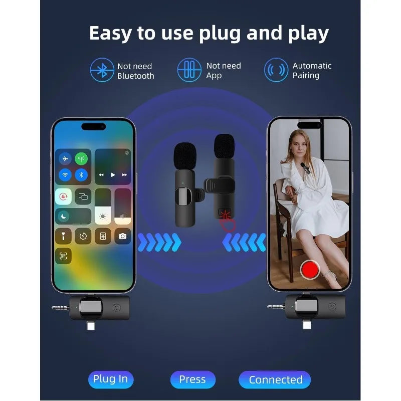 Microfone Lavalier Sem Fios USB-C | Redução de Ruído para iPhone e Android
