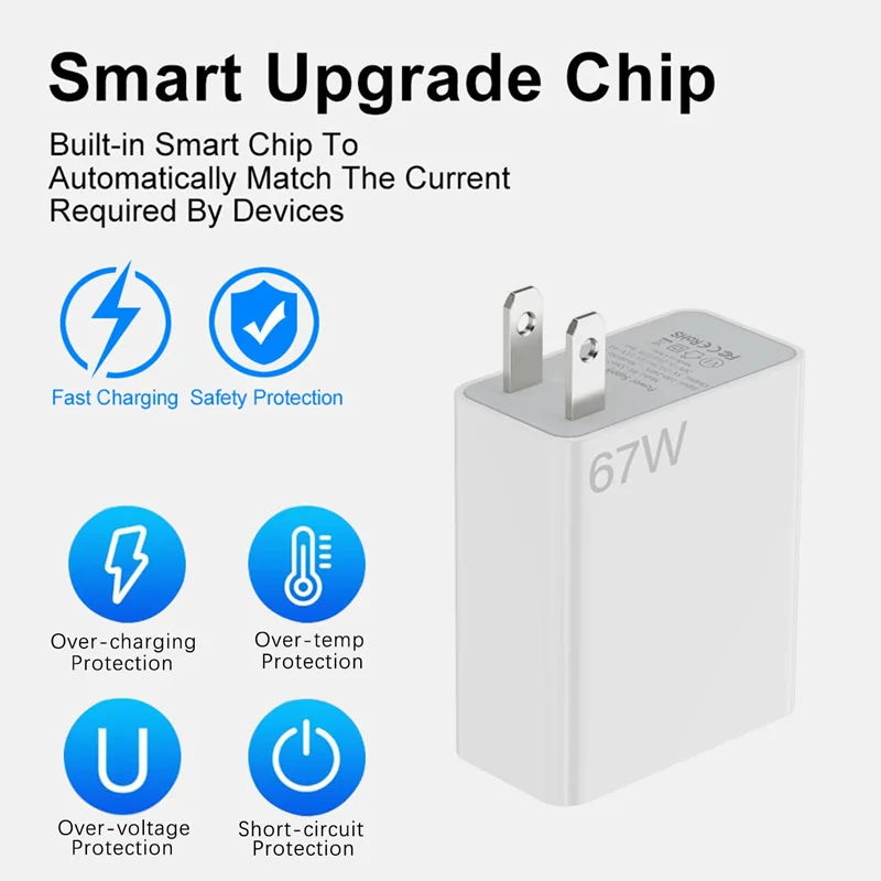 Carregador USB 67W com Cabo USB-C | Compatível com Xiaomi, Redmi e POCO (Ficha US)