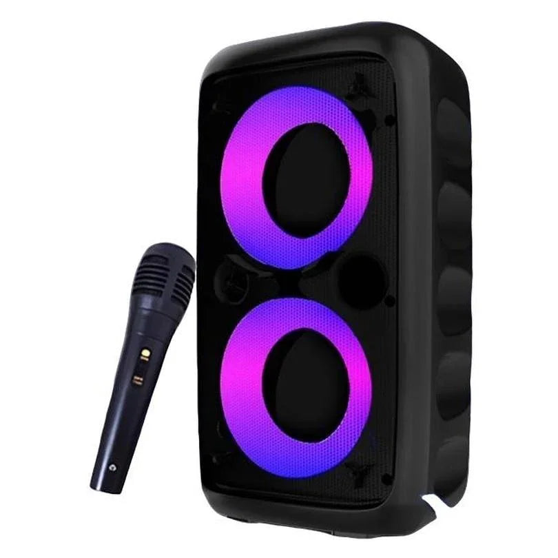 Coluna Bluetooth Karaokê com Microfone | Rádio FM, LED e Bateria Recarregável
