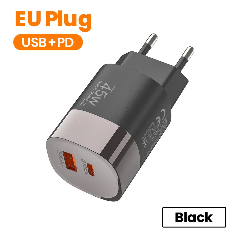Carregador 45W USB-C e USB-A | Power Delivery PD e Quick Charge 3.0