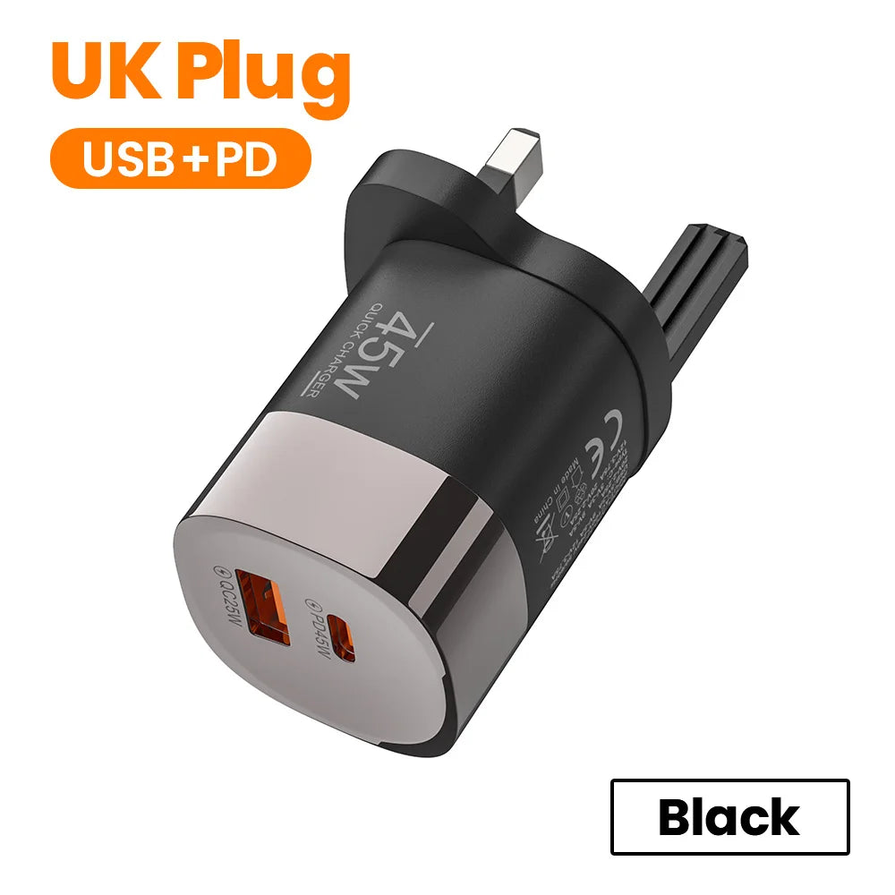 Carregador 45W USB-C e USB-A | Power Delivery PD e Quick Charge 3.0