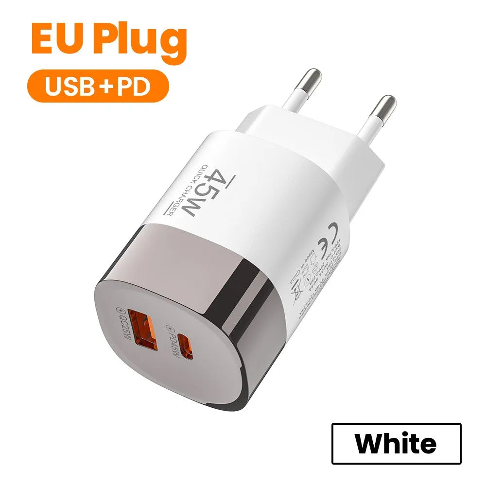 Carregador 45W USB-C e USB-A | Power Delivery PD e Quick Charge 3.0