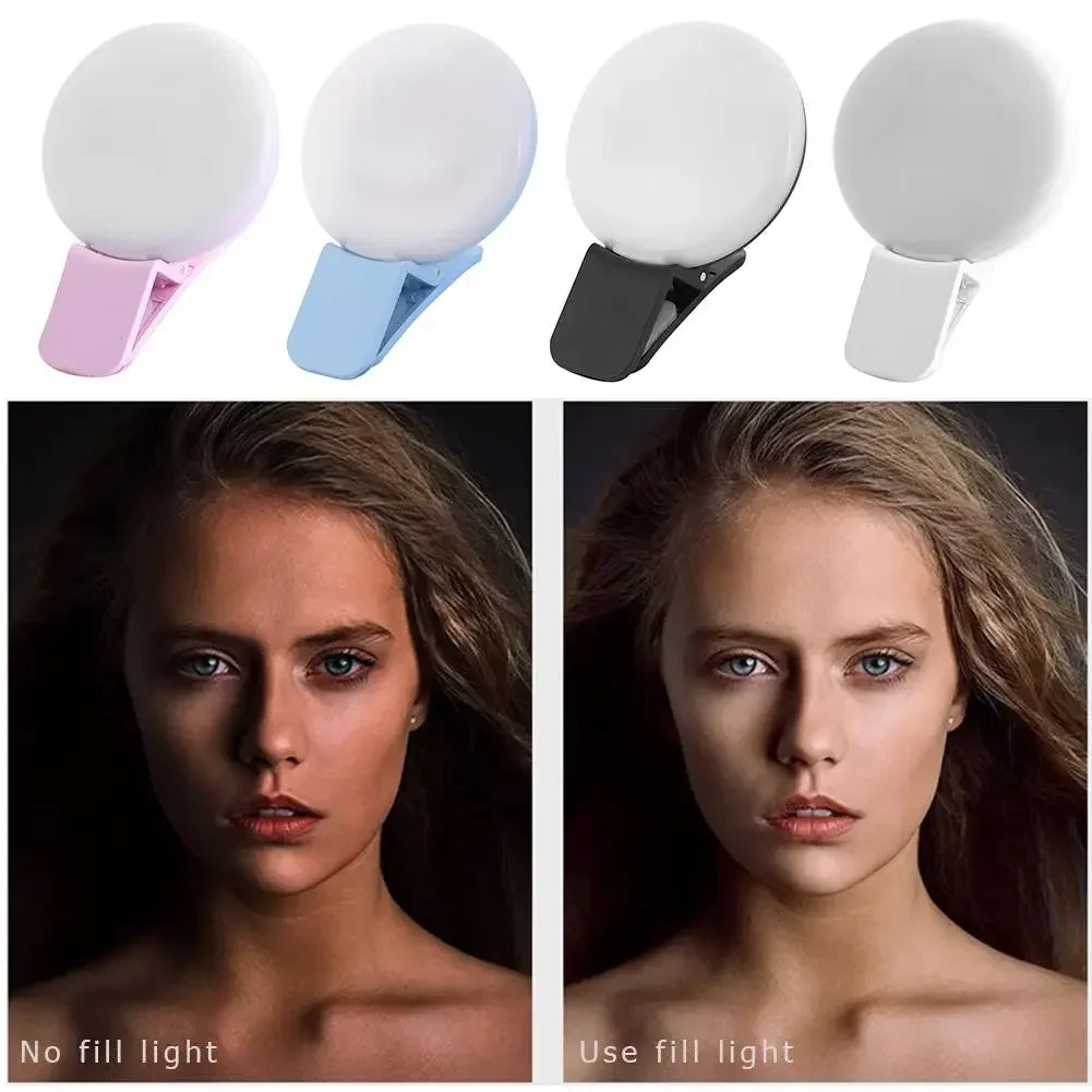 Luz LED para Selfies Recarregável | Clipe Universal com 3 Níveis de Brilho