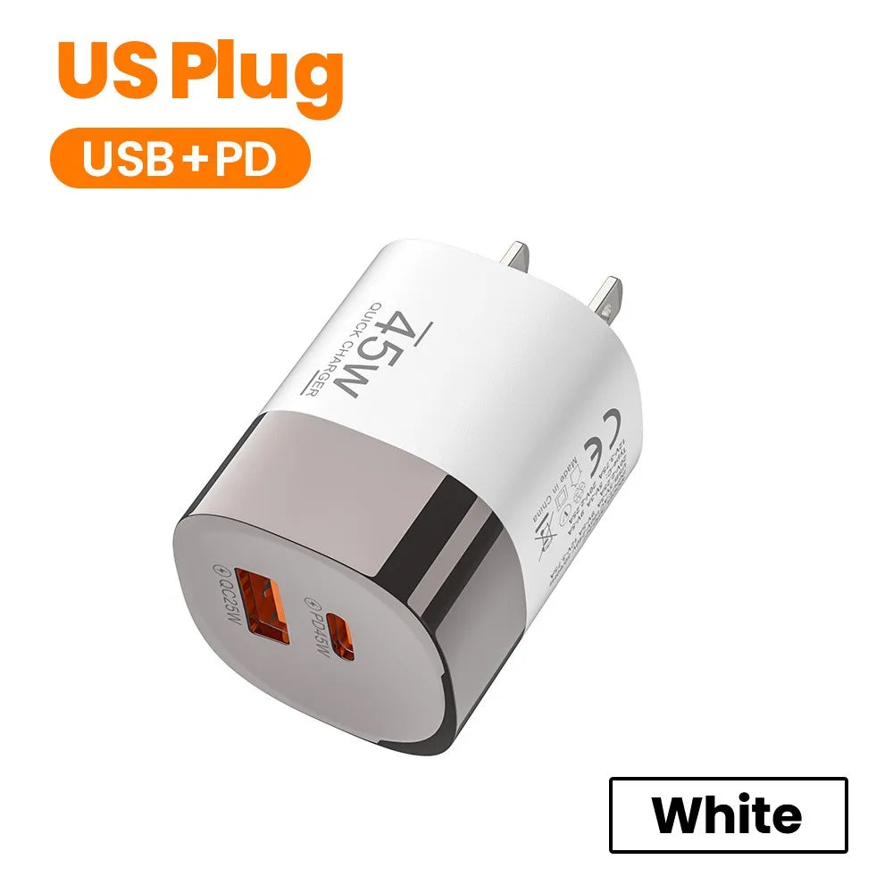 Carregador 45W USB-C e USB-A | Power Delivery PD e Quick Charge 3.0
