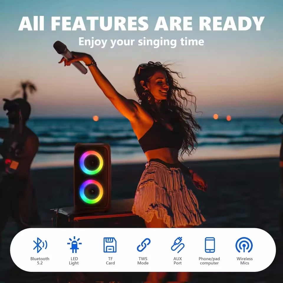 Coluna Bluetooth Karaokê com Microfone | Rádio FM, LED e Bateria Recarregável