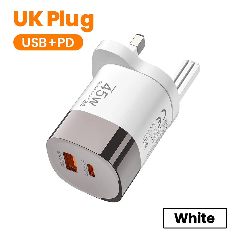 Carregador 45W USB-C e USB-A | Power Delivery PD e Quick Charge 3.0