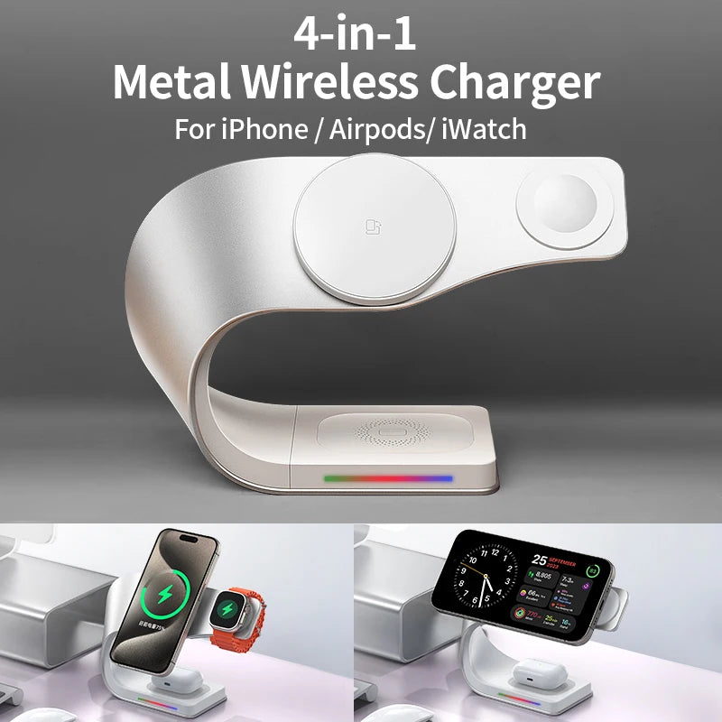 Estação de Carregamento Magnética 4 em 1 15W | Compatível com iPhone, Apple Watch e AirPods