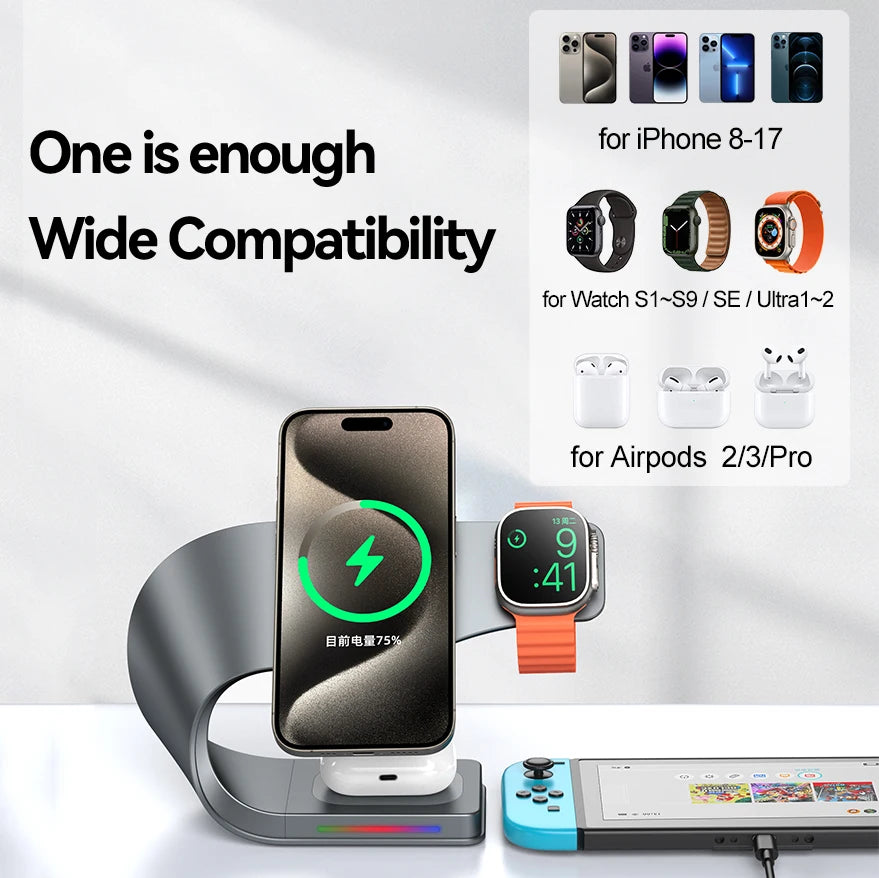 Estação de Carregamento Magnética 4 em 1 15W | Compatível com iPhone, Apple Watch e AirPods