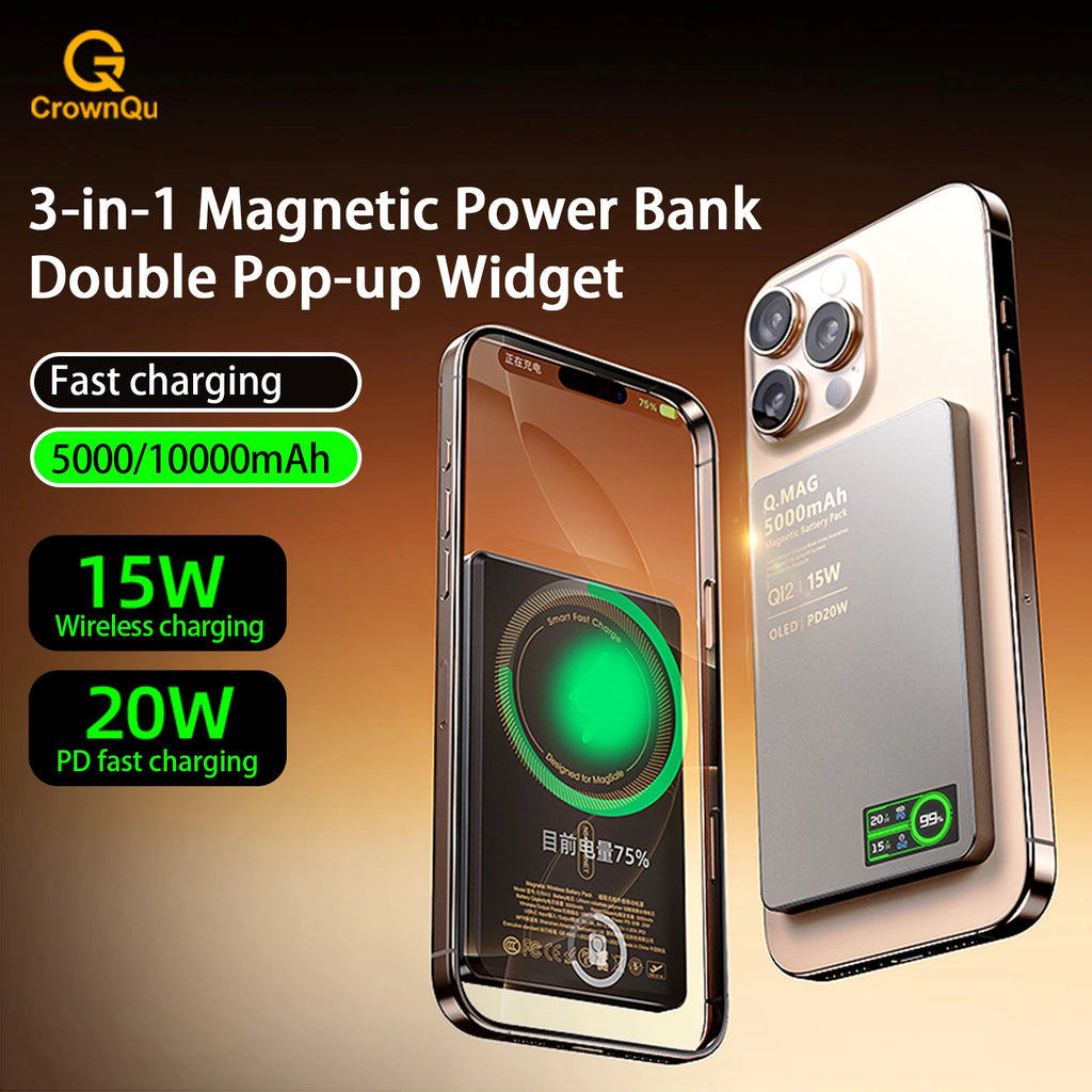 Power Bank Magnético Qi 2.1 5000/10000mAh | Compatível com MagSafe, Apple Watch e AirPods