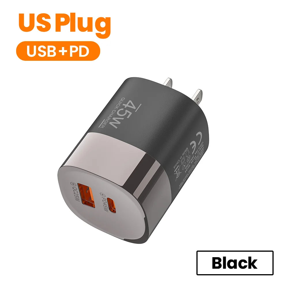 Carregador 45W USB-C e USB-A | Power Delivery PD e Quick Charge 3.0