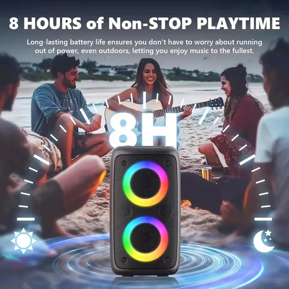 Coluna Bluetooth Karaokê com Microfone | Rádio FM, LED e Bateria Recarregável