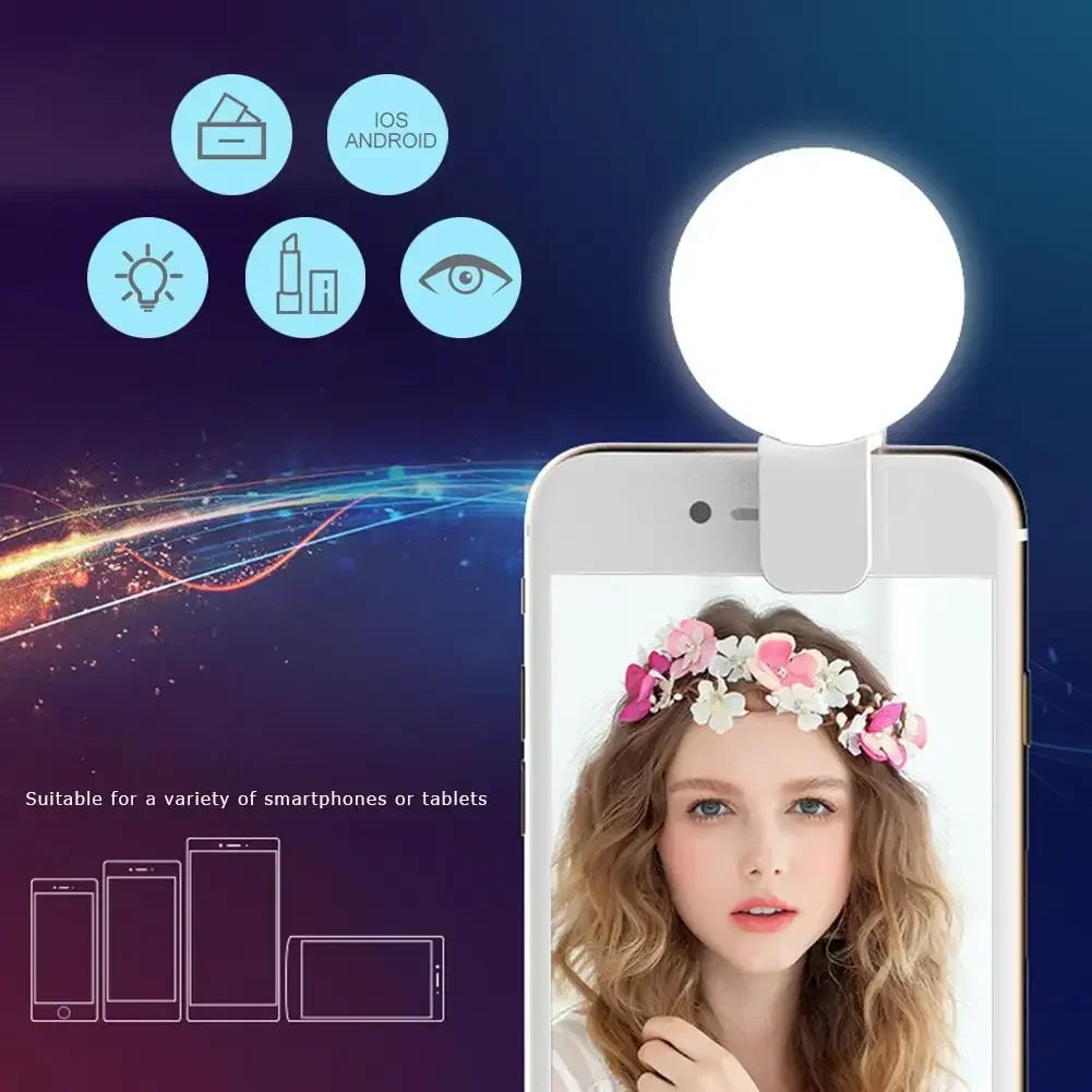 Luz LED para Selfies Recarregável | Clipe Universal com 3 Níveis de Brilho