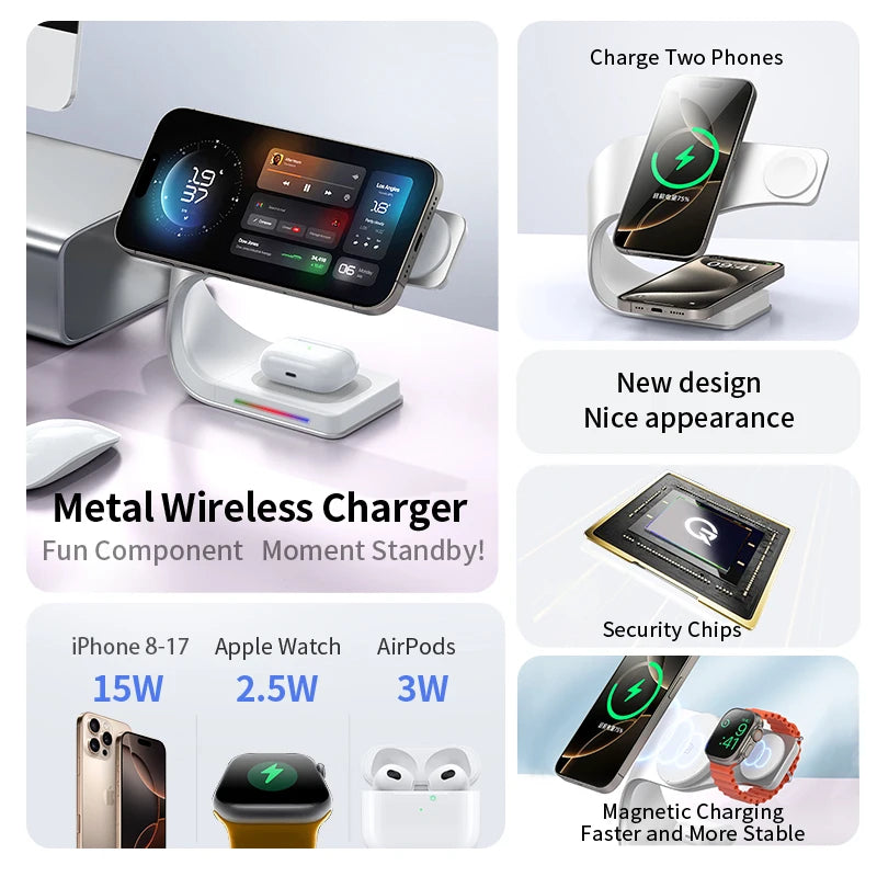 Estação de Carregamento Magnética 4 em 1 15W | Compatível com iPhone, Apple Watch e AirPods