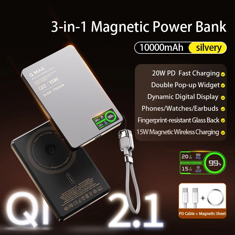 Power Bank Magnético Qi 2.1 5000/10000mAh | Compatível com MagSafe, Apple Watch e AirPods