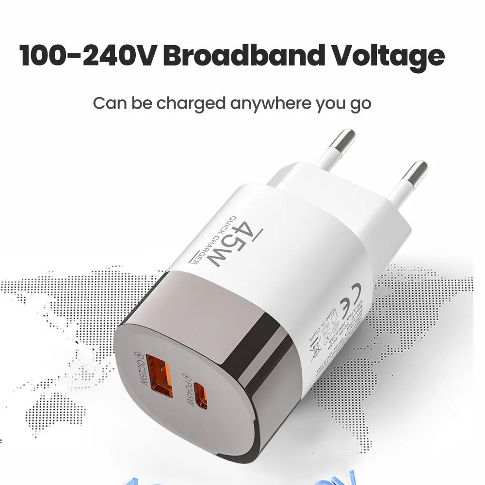 Carregador 45W USB-C e USB-A | Power Delivery PD e Quick Charge 3.0