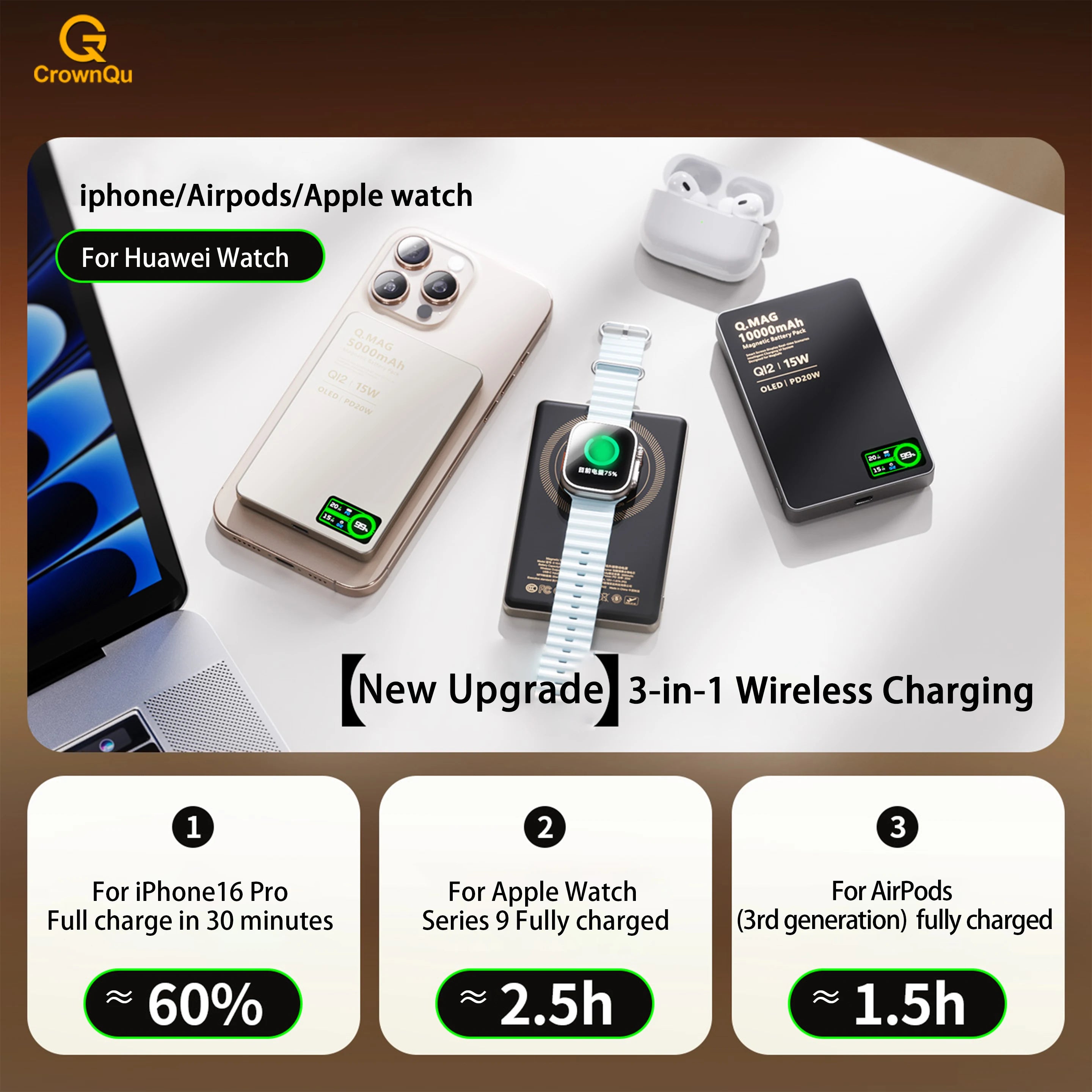 Power Bank Magnético Qi 2.1 5000/10000mAh | Compatível com MagSafe, Apple Watch e AirPods
