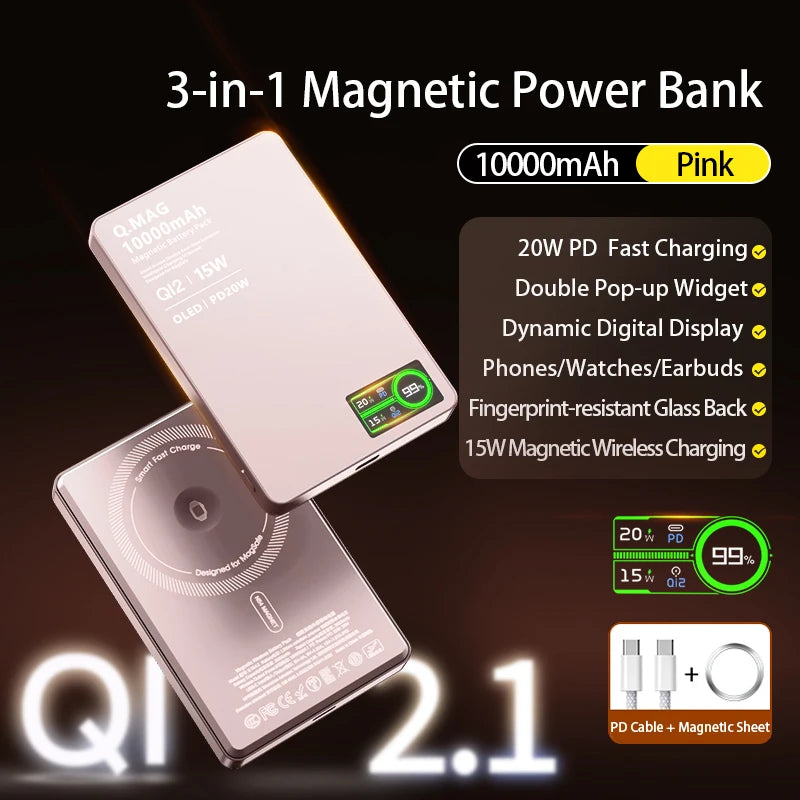 Power Bank Magnético Qi 2.1 5000/10000mAh | Compatível com MagSafe, Apple Watch e AirPods